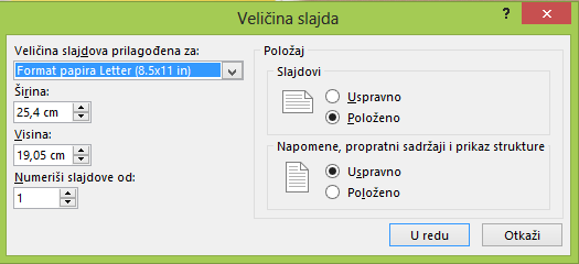 Možete da definišete postavke slajdova u dijalogu „Veličina slajda“.