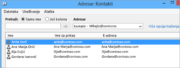 Kada uvezete kontakte iz usluge Google Gmail u Office 365, videćete ih navedene u okviru stavki „Adresar: Kontakti“