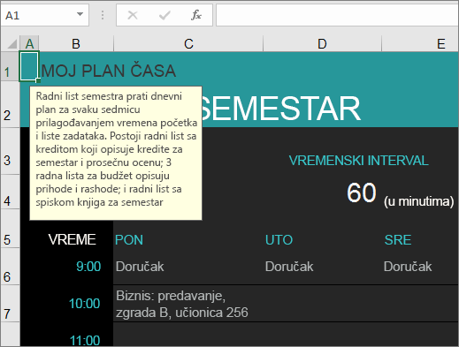 Novi predložak menadžera kurseva na fakultetu sa opisima za elemente.