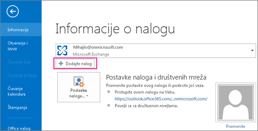 Za dodavanje Gmail naloga u Outlook kliknite na dugme „Dodaj nalog“