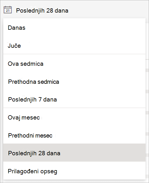 Padajući meni vremenskih okvira dostupnih za prikaz podataka. 