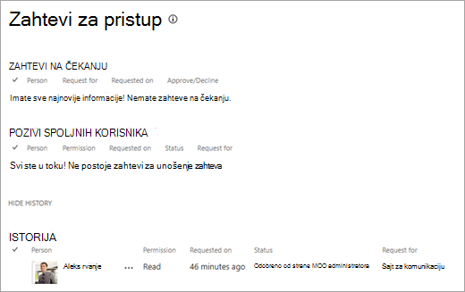 Prikaz "Zahtevi za pristup" koji prikazuje istoriju zahteva.