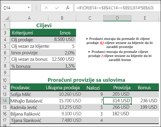 Primer korišćenja funkcija IF i OR za izračunavanje prodajne provizije.