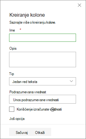 The create a column panel