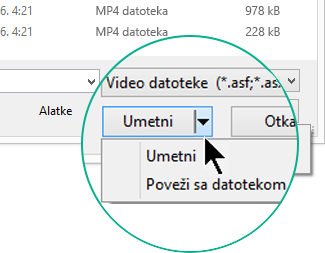 U dijalogu „Umetanje video zapisa“, možete da birate između stavke „Umetni“ (što znači „Ugradi”) ili „Veza ka datoteci“.