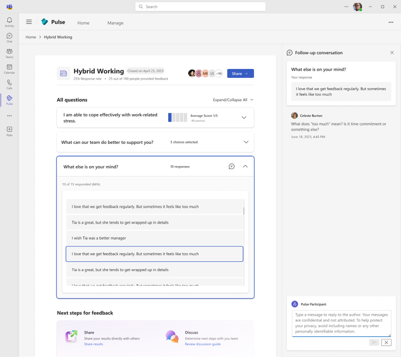 Image showing how Pulse participants can respond to conversations in Pulse reports