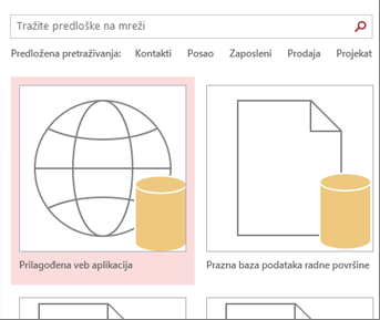 Dugme „Prilagođena veb aplikacija“ na polaznom ekranu.