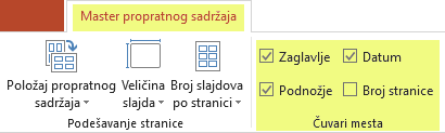 Opozovite izbor u polju za potvrdu, kao što je „Zaglavlje“, da biste uklonili funkciju iz propratnog sadržaja.