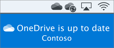 Snimak ekrana usluge OneDrive na traci sa menijima na Mac računaru nakon završetka čarobnjaka „Dobro došli u OneDrive“