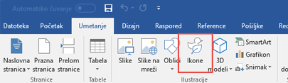 Grupa „Ilustracije“ sadrži alatke koje vam omogućavaju da u dokument dodate oblike, ikone, SmartArt i još mnogo toga