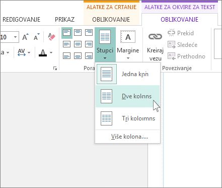 Snimak ekrana alatki za okvire za tekst „Kolone“ u programu Publisher.