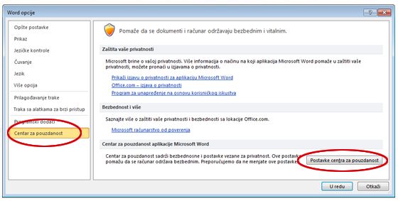 Opcije programa Word koja prikazuje postavke centra za pouzdanost