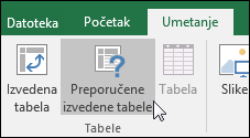 Izaberite stavke „Umetanje“ > „Preporučene izvedene tabele“ da bi Excel kreirao izvedenu tabelu za vas