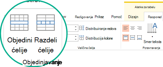 Objedinjavanje ili razdeljivanje ćelija tabele