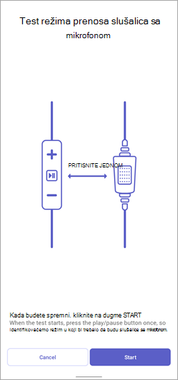 Snimak ekrana testa režima prenosa slušalica sa mikrofonom u voki-tokiju koji prikazuje dugme "Start".