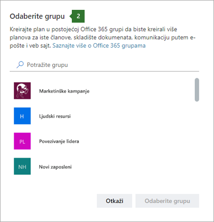 Snimak ekrana dijaloga "Izbor grupe"