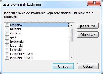 Dijalog „Lista blokiranih kodiranja“