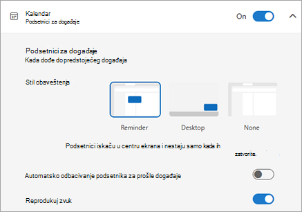 Snimak ekrana postavki podsetnika događaja u kalendaru