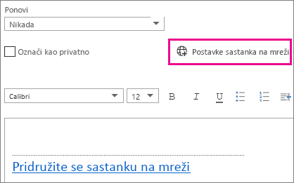 Dugme „Postavke sastanka na mreži“ u programu Outlook Web App