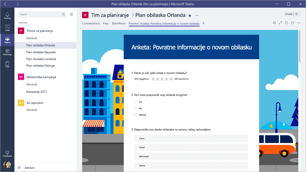 Kartica "Obrasci" Microsoft Teams koja prikazuje obrazac u režimu "Popuna"