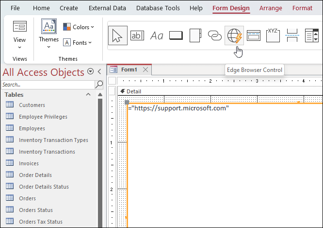 Edge Browser Control button being clicked in the Form Design ribbon tab in Microsoft Access