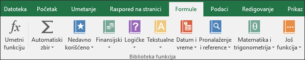 Kartica „Excel formule“ na traci