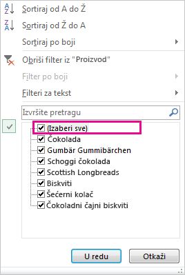 Polje „Izaberi sve“ u galeriji sortiranja i filtriranja