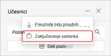 Slika koja prikazuje padajuću listu „Učesnici“ sa opcijom zaključavanja sastanka.