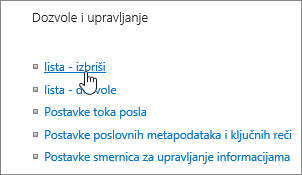 Dijalog "Postavke liste" sa istaknutom stavkom "Izbriši ovu listu"