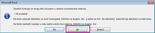 Radna sveska sadrži makroe ili VBA kôd