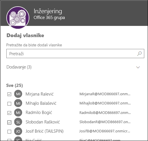 Koristite ovaj dijalog da biste izabrali najviše 10 vlasnika za upravljanje grupom