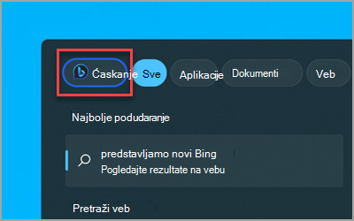 Novo dugme Bing ćaskanje u polju Windows 11 Pretraga na traci zadataka.