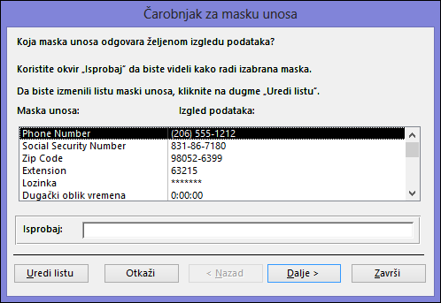 Čarobnjak maske unosa u Access bazi podataka na radnoj površini
