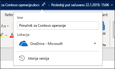 Padajućeg menija iz naslova dokumenta u programu Word za Office 365