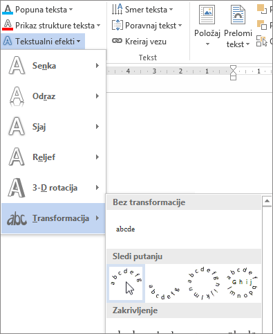 Izbor efekta teksta zakrivljene transformacije