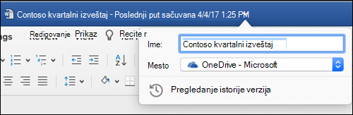 Dijalog "Operacije datoteka" pokrenut klikom na naslovnu traku Word dokumenta.