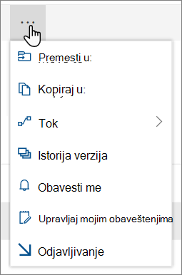 Opcije menija "Premesti u" i "Kopiraj u" u gornjoj navigaciji za SharePoint Online kada su izabrane datoteke ili fascikle