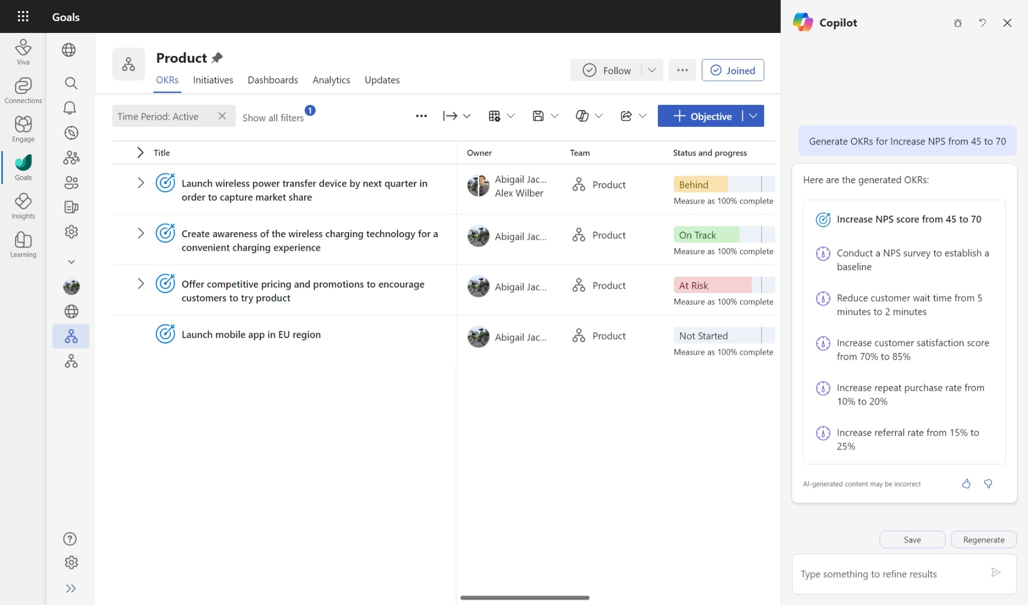 Snimak ekrana koji prikazuje Copilot kako generiše OKRS-ove iz naslova cilja.