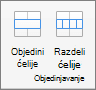 Snimak ekrana prikazuje grupu "Objedinjavanje" dostupnu na kartici "Raspored" u tabeli sa opcijama "Objedinjavanje ćelija" i "Razdeli ćelije".