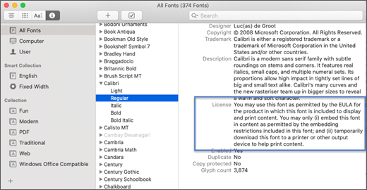 Aplikacija "Font Book" koja prikazuje informacije o licenci za izabrani font.