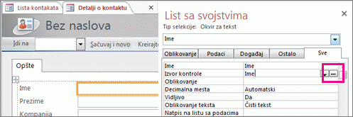 Dugme 'Izradi' na listu sa svojstvima.