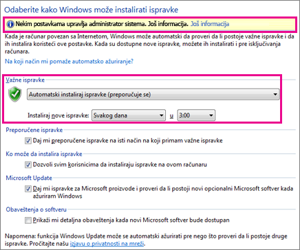 Postavke automatskog ažuriranja