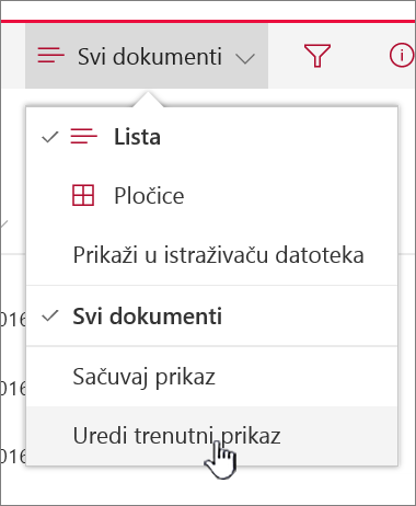 Meni "Opcije prikaza" sa istaknutom stavkom "Uredi trenutni prikaz"