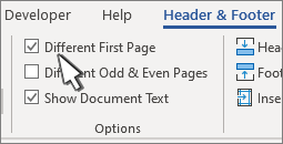 Opcije trake zaglavlja sa izabranom stavkom "Različita prva stranica"