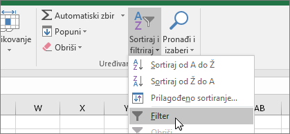 Početak > Sortiraj i filtriraj > Filter