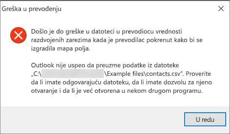 Ovo je poruka o grešci koju ćete dobiti kada je .csv prazna.