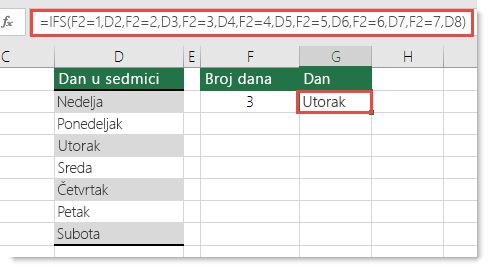 Funkcija IFS – Primer dana u sedmici – Formula u ćeliji G2 je  =IFS(F2=1,D2,F2=2,D3,F2=3,D4,F2=4,D5,F2=5,D6,F2=6,D7,F2=7,D8)