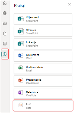 Snimak ekrana aplikacije "Lista" u sistemu SharePoint.