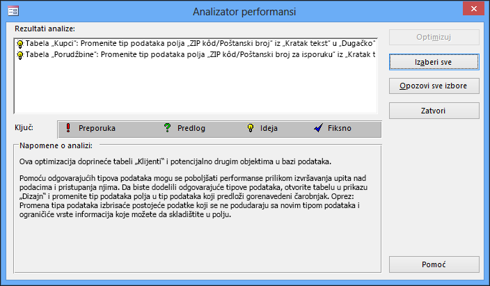 Analizator performansi prikazuje dijalog nakon pokretanja na Access bazi podataka.