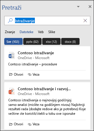 Okno za pretragu koje prikazuje datoteke koje su pronađene pomoću pretrage